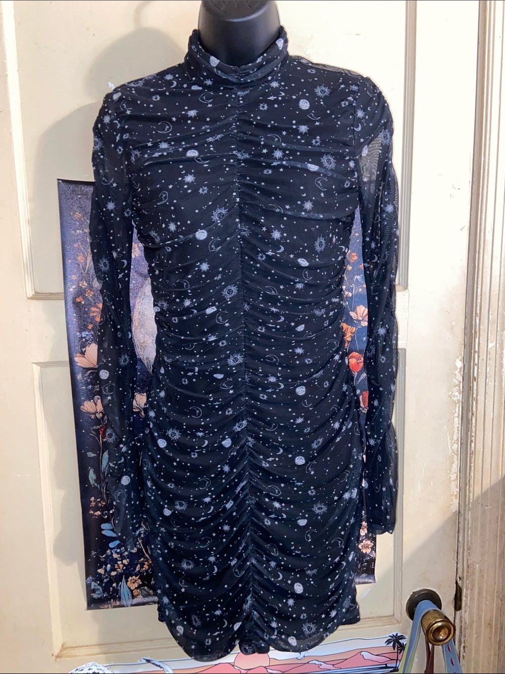 BLACK CELESTIAL BODYCON DRESS Ruched Sheer Long Sleeve Gray Print